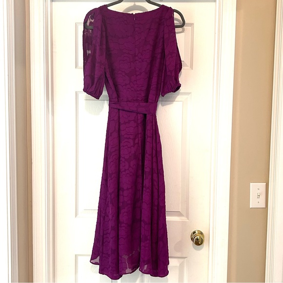 DKNY Women's Size 8 Purple Balloon-Sleeve Tie-Waist Chiffon Lace Midi Dress  - mordernwear.com